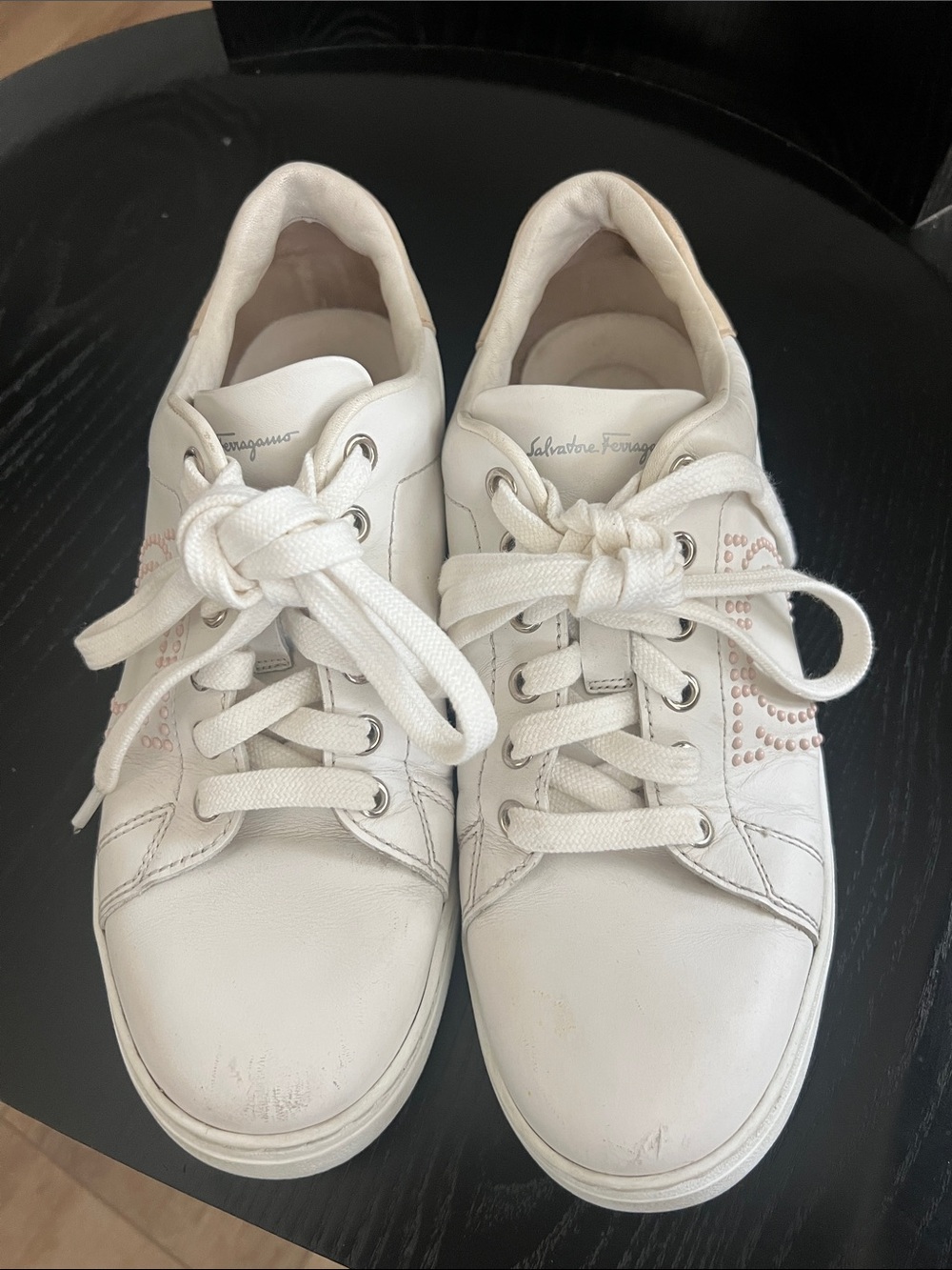 Salvatore Ferragamo White Leather Sneakers with Pink Stud Accents size 8 c